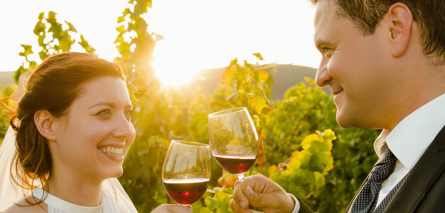 Hochzeitsfotograf Pfalz mit Brautpaar im Weinberg mit Weingläser