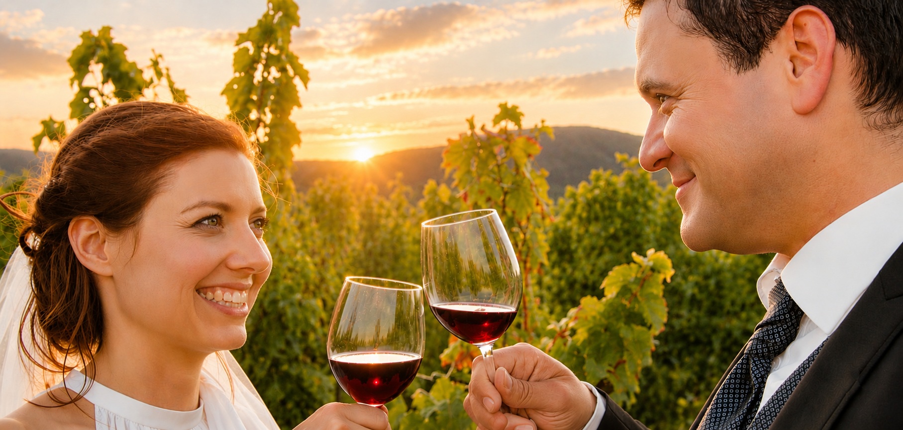 Hochzeitsfotograf Pfalz mit Brautpaar im Weinberg mit Weingläser